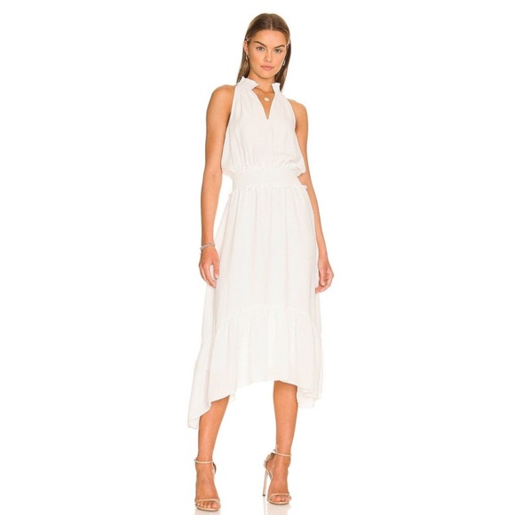 1.STATE High Mock Halter Neck Tiered Ruffle Midi White Ivory Smocked Waist Dress - Picture 2 of 7